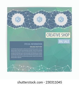 Template design for flyer or banner with polygonal grid, places for photos and bright polygonal decor. Proportionally: square