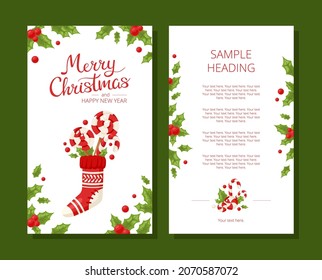 Template design of flyer or greeting card with traditional Christmas and New Year elements in cartoon style.  