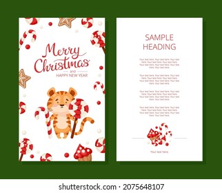Template design of flyer or greeting card with cute tiger and traditional Christmas and New Year candies in cartoon style. 