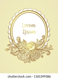 Template design flyer label frame with Hand drawn flowers bouquet in  gold beige white or for decoration Wedding invitation  congratulation or  for decoration package of cosmetic perfume