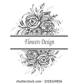 Template design flyer label package with Hand drawn flowers bouquet  black on white or for decoration Wedding invitation  congratulation or  for decoration package of cosmetic perfume