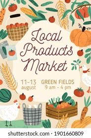 Template design of flyer with place for text, decorated with poultry, fruits and vegetables. Advertising poster of local organic farmer market event. Vertical flat textured vector illustration