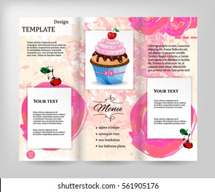 Template design, flyer with realistic cupcake with pink whipped cream and red cherry, isolated on gray background