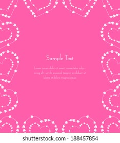 Template design of frame with hearts on threads in the shape of heart on a pink background