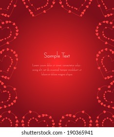 Template design of frame with hearts on threads in the shape of heart on a red gradient background