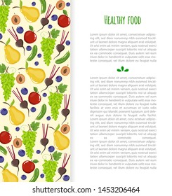 Template design with fresh fruits, vegetables, berries. Healthy lifestyle and diet concept for menu, magazine, print, market flyers, banner, poster