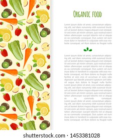 Template design with fresh fruits, vegetables, berries. Healthy lifestyle and diet concept for menu, magazine, print, market flyers, banner, poster