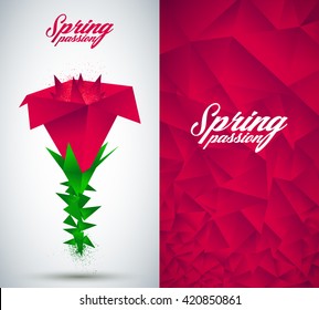 Template for design with geometric background. Illustration flower geometric, origami. Red colors. Place for your text. Vector