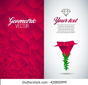 Template for design with geometric background. Illustration flower geometric, origami. Red colors. Place for your text. Vector