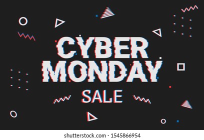 Template design geometric web banner for cyber monday offer. Promotion design in glitch style with geometric particle for cyber sale. Memphis glitch. 8-bit pixel art style