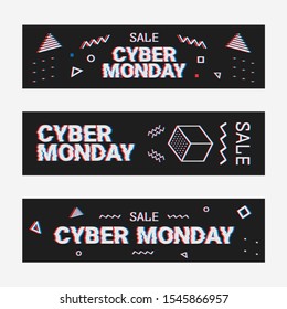 Template design geometric web banner set for cyber monday offer. Promotion design in glitch style with geometric particle for cyber sale. Memphis glitch. 8-bit pixel art style