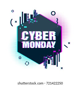 Template design geometric web banner for cyber monday offer. Promotion design in glitch style with geometric particle for cyber sale. vector