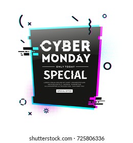 Template design geometric web banner for cyber monday offer. Promotion design in glitch style with geometric particle for cyber sale.