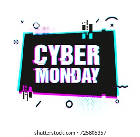 Template design geometric web banner for cyber monday offer. Promotion design in glitch style with geometric particle for cyber sale.