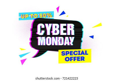 Template design graphic for cyber monday offer. Bubble shape for promotion event in glitch style. Web banner layout with geometric particle and computer noise and grunge texture for cyber sale. Vector