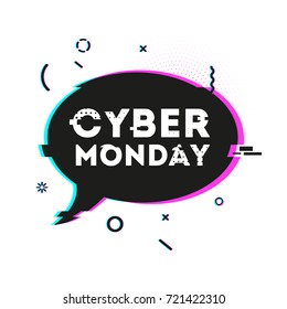 Template design graphic for cyber monday offer. Bubble shape for promotion event in glitch style. Web banner layout with geometric particle and computer noise and grunge texture for cyber sale. Vector