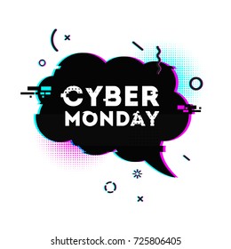 Template design graphic for cyber monday offer. Bubble shape for promotion event in glitch style. Web banner layout with geometric particle and computer noise and grunge texture for cyber sale. Vector