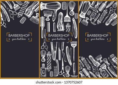 Template design with graphic illustrations for barbershop on the blackbackground