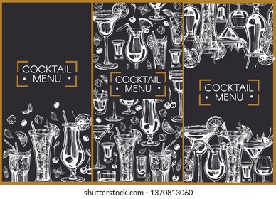 Template design with graphic illustrations of cocktails on  the blackboard