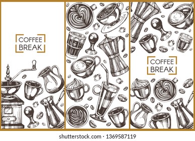 Template design with graphic illustrations of coffee on the white background