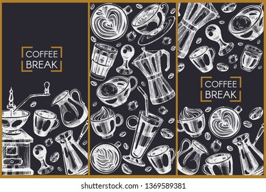 Template design with graphic illustrations of coffee on the black background
