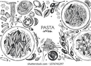 Template design with graphic illustrations of pasta on the white background