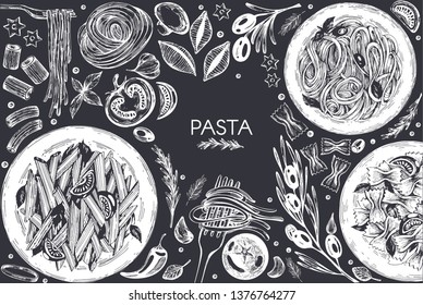 Template design with graphic illustrations of pasta on the black background