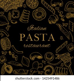 Template design with graphic illustrations of pasta on the black background. Pasta sketch.
