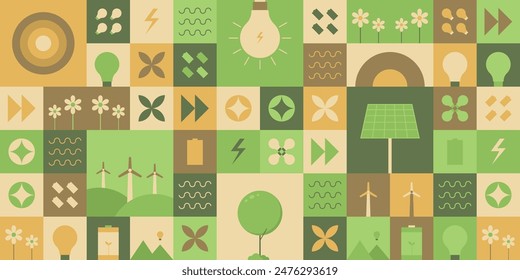 Diseño de Plantilla para la energía verde y el medio ambiente con un patrón geométrico sin fisuras. El fondo de mosaico cuenta con Formas simples como bombillas, molinos de viento, flores, un panel solar y más.