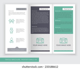Template design of green, navy and grey modern creative trifold brochure. Editable and light vector with places for photos. Proportionally A4