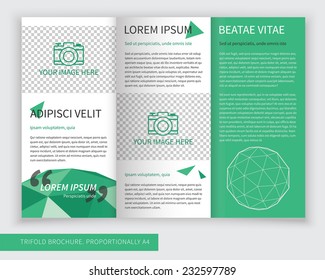 Template design of green trifold brochure with polygons, polygonal sphere. Editable and light vector with places for photos. Proportionally A4