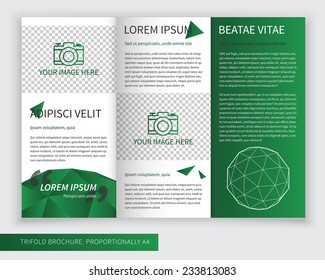 Template design of green trifold brochure with polygons. Editable and light vector with places for photos. Proportionally A4