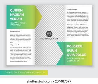 Template design of green trifold brochure. Editable and light vector with places for photos. Proportionally A4