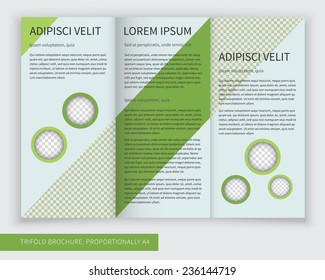 Template design of green trifold brochure with stripes and circles. Editable and light vector with places for photos. Proportionally A4