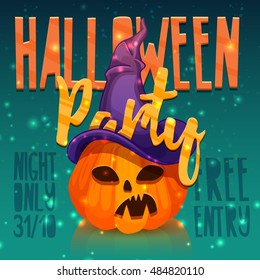 Template design greeting card, flyer, poster for Happy Halloween party.  Banner for night Halloween event. Invitation with decoration jack pumpkin and witch hat. Vector. 