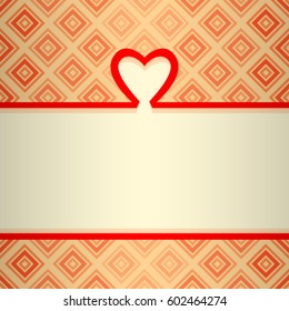 Template for design greeting card invitation leaflet. Red heart ribbon background postcard