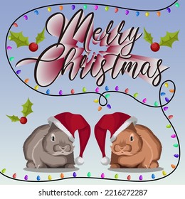 Diseño de plantilla de tarjeta de felicitación para Año Nuevo 2023, Navidad, tarjetas, pósters concepto. Ilustración vectorial de conejos conejos en sombreros de Santa, texto Feliz Navidad, guirnaldas, bayas aisladas en azul. 