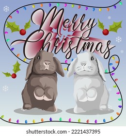 Template design of greeting card for New Year 2023, Christmas, cards, posters concept. Vector illustration of rabbits bunnies, text Merry Christmas, garland, berries isolated on blue. 
