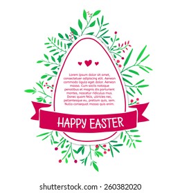 Template design greeting cards, invitations, banners, posters, stickers or label for a happy Easter. Silhouette egg with a pink ribbon and floral elements. Vector. Place for your text.