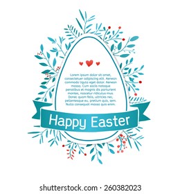 Template design greeting cards, invitations, banners, posters, stickers or label for a happy Easter. Silhouette egg with blue ribbon and spring plant elements. Vector. Place for your text.