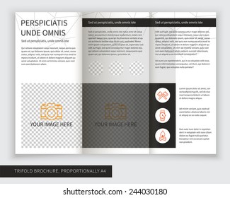 Template design of grey trifold brochure with polygonal grid. Editable and light vector with places for photos. Proportionally A4