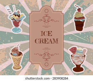 Template for design with hand drawn ice cream typography vintage poster