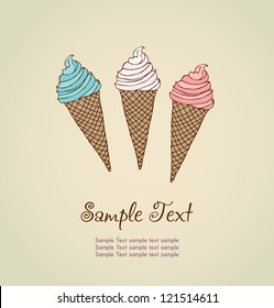 Template for design with hand drawn illustration of different ice cream and place for your text. Illustrated cartoon background with sample text