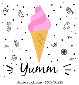 Template for design with hand drawn illustration of ice cream and place for your text. Vector