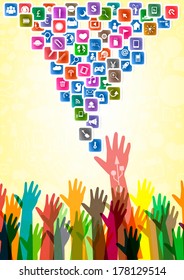 Template design hand idea with social network icons background 