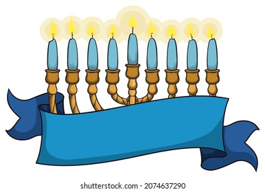 Template design of Hanukkiah with all its nine candles lighted, decorated with an empty blue ribbon for Hanukkah celebration.