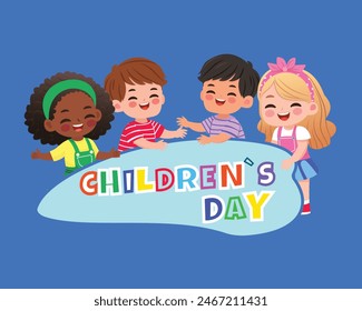 Template design with happy international children. Happy Children day. Cartoon characters in flat style, Vector illustration