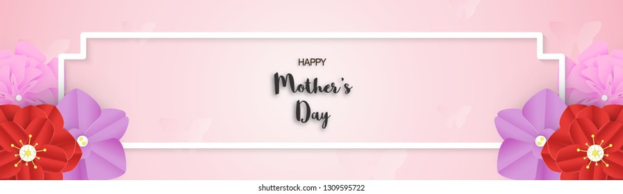 Template design for happy mother's day. Vector illustration in paper cut and craft style. Decoration background with flowers for invitation, cover, banner, advertisement.