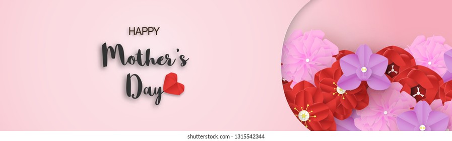 Template design for happy mother's day. Vector illustration in paper cut and craft style. Decoration background with flowers for invitation, cover, banner, advertisement.