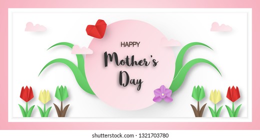 Template design for happy mother's day. Vector illustration in paper cut and craft style. Decoration background with flowers for invitation, cover, banner, advertisement.